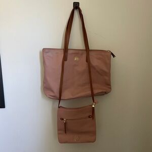 Joy Mangano Pink Pebbled Leather Tote Bag Crossbody Purse Matching Set Normcore